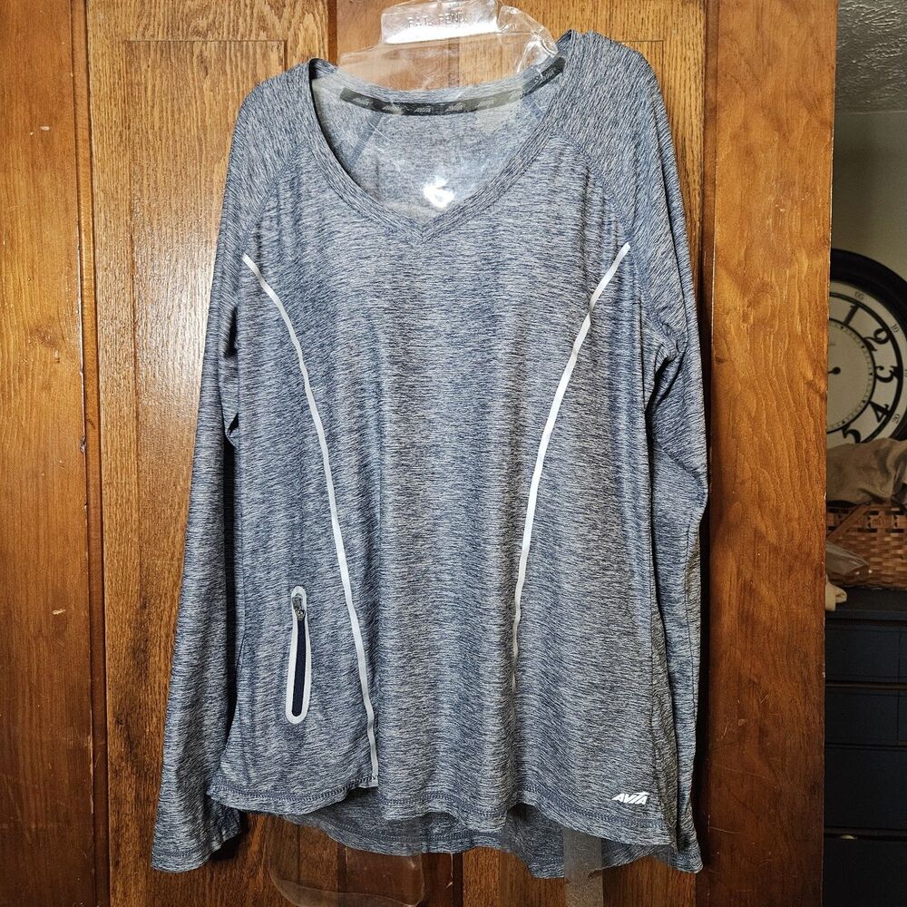Avia Womens L Blue Lightweight Athletic V Neck Pullover Reflective‎ LS Top